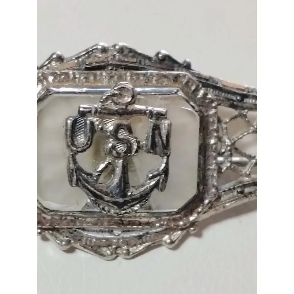 Vintage Sterling Silver USN Navy Mother of Pearl Art Deco Sweetheart Brooch